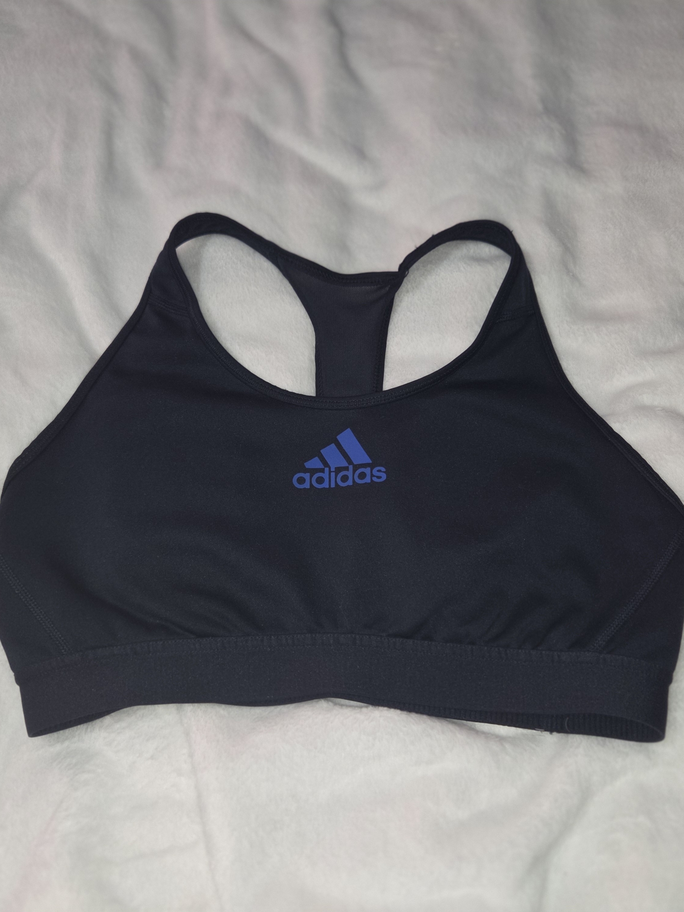 Adidas Women’s Black Racerback Sports Bra With Blue Logo